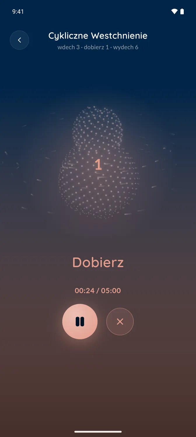 Cykliczne Westchnienie w trakcie — dwie bańki z kropek, faza „Dobierz”, 5 minut